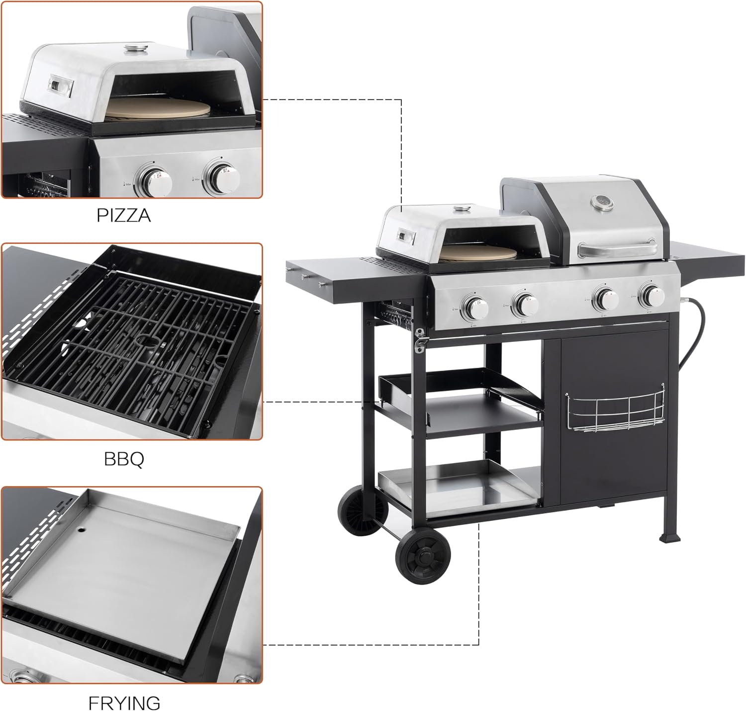 2+2 Multi function Burner Gas Grill and Griddle Combo with Cover for Outdoor Cooking While Camping or Tailgating BBQ,FRYING,PIZZA.