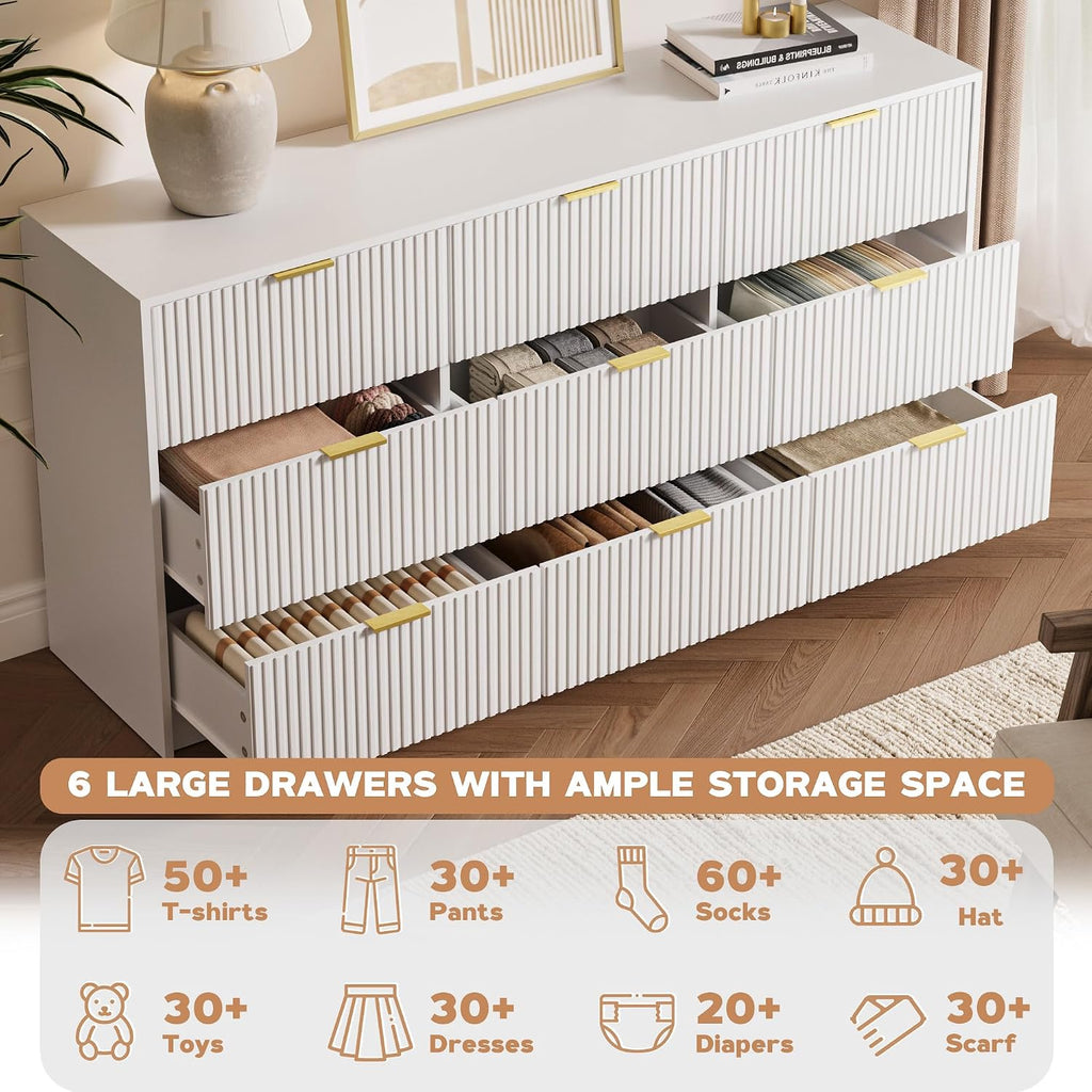 MAISONARIA 3-Piece Dresser Bedroom Set, 9 Drawer Dresser & 3 Drawer Nightstands with Gold Handles, Fluted Wood Chest of Drawers for Bedroom, Living Room, Entryway, White