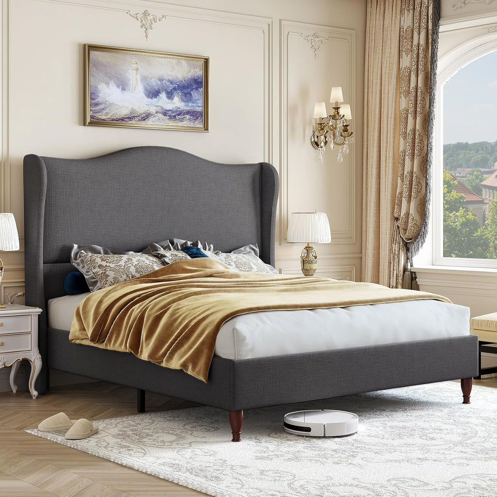 koorlian Full Size Bed Frame Upholstered Platform Bed with 51' Tall Headboard Wingback, Soft Fabric, Retro Simple Style Platform Bed No Box Spring Needed, Easy Assembly, Grey