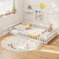 KOMFOTT Twin Size Wood Floor Bed with Door & Fence, Montessori Bed Frame with Full Length Safety Guardrails, Door & Latch, Wooden Montessori Floor Bed for Kids, Girls, Boys (White, Twin)