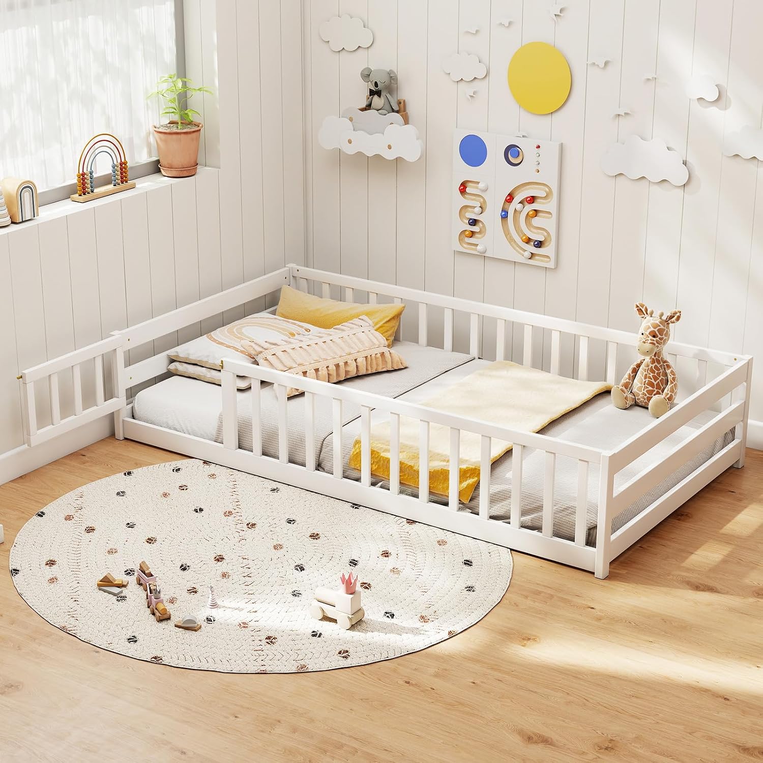 KOMFOTT Twin Size Wood Floor Bed with Door & Fence, Montessori Bed Frame with Full Length Safety Guardrails, Door & Latch, Wooden Montessori Floor Bed for Kids, Girls, Boys (White, Twin)