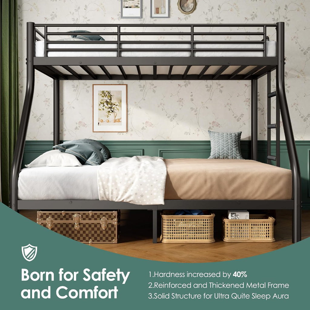 Bunk Beds Twin XL Over Queen, Heavy Duty Bunk Beds with Bottom Space & Guardrail Metal Bunk Bed Frame for Adults Teens Dorm Bedroom Guest Room, No Box Spring Needed（Black）