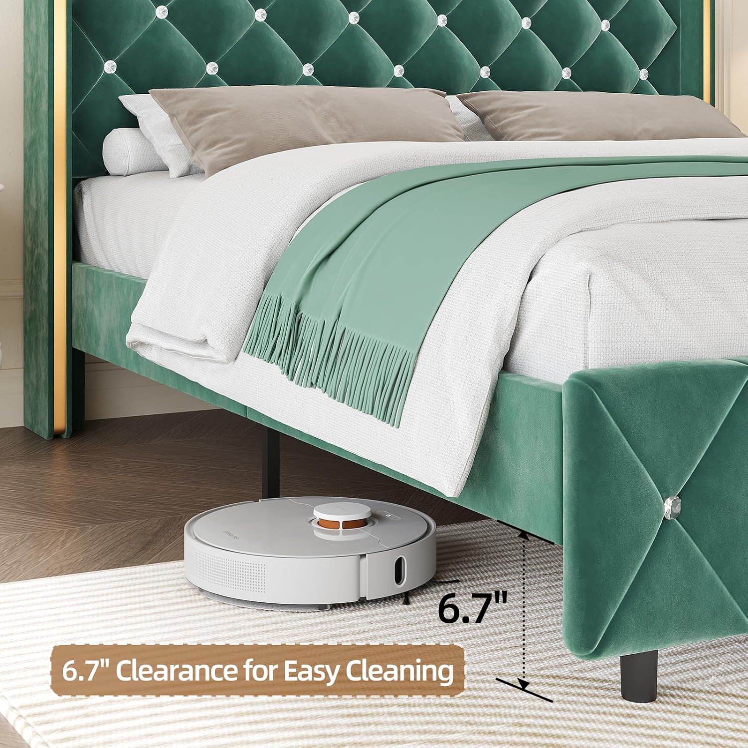 HOMBCK Full Bed Frame with Headboard, Velvet Upholstered Bed with Diamond Tufted Design, Mordern Bed Frame with Wingback and Wooden Slats Suppor, No Box Spring Required, Easy Assembly, Green
