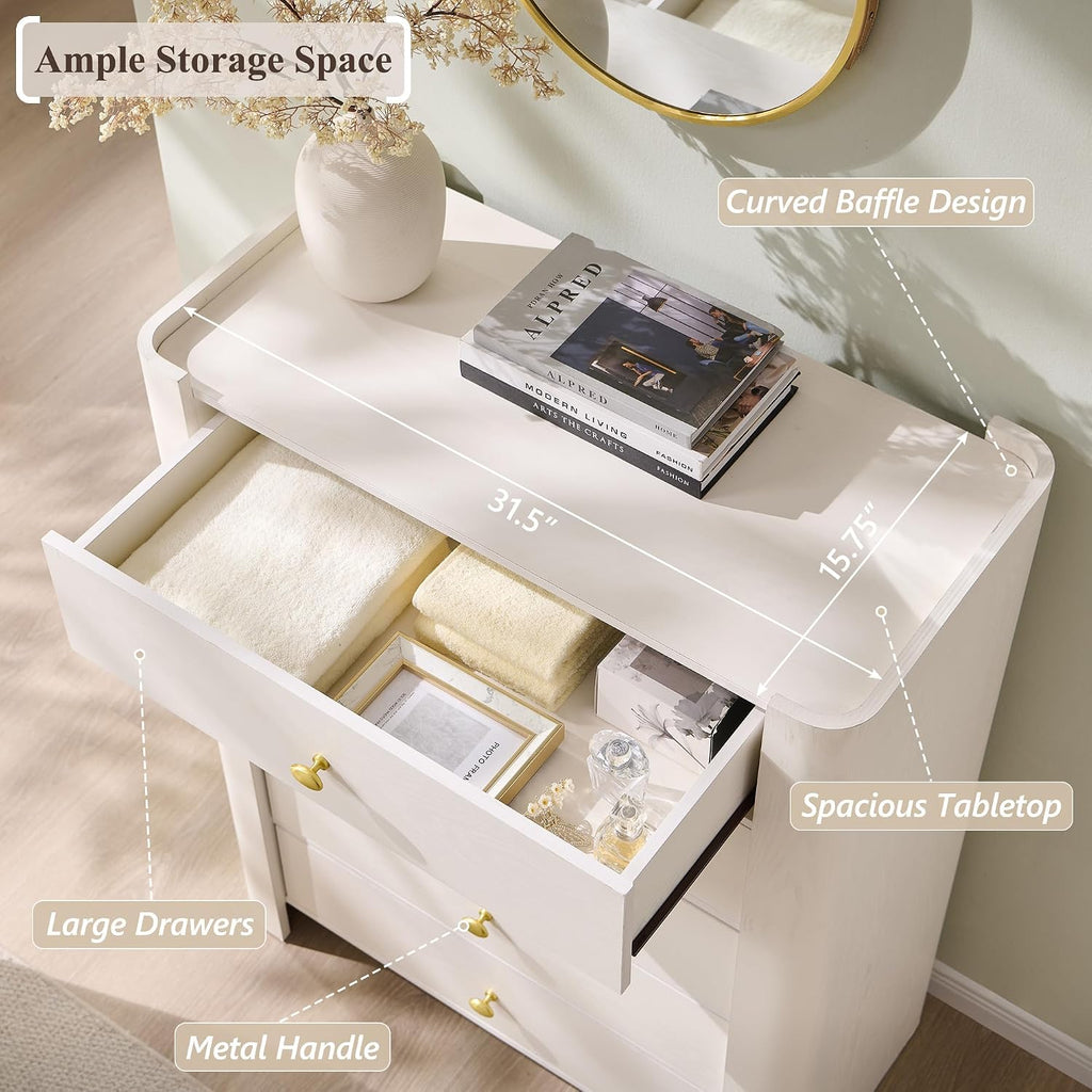 IFGET Modern 5 Drawer Dresser for Bedroom, Wooden Chest of Drawers with Curved Profile Design, 39.6' Tall Wood Dresser with Golden Metal Handle for Bedroom, Living Room, Hallway-White