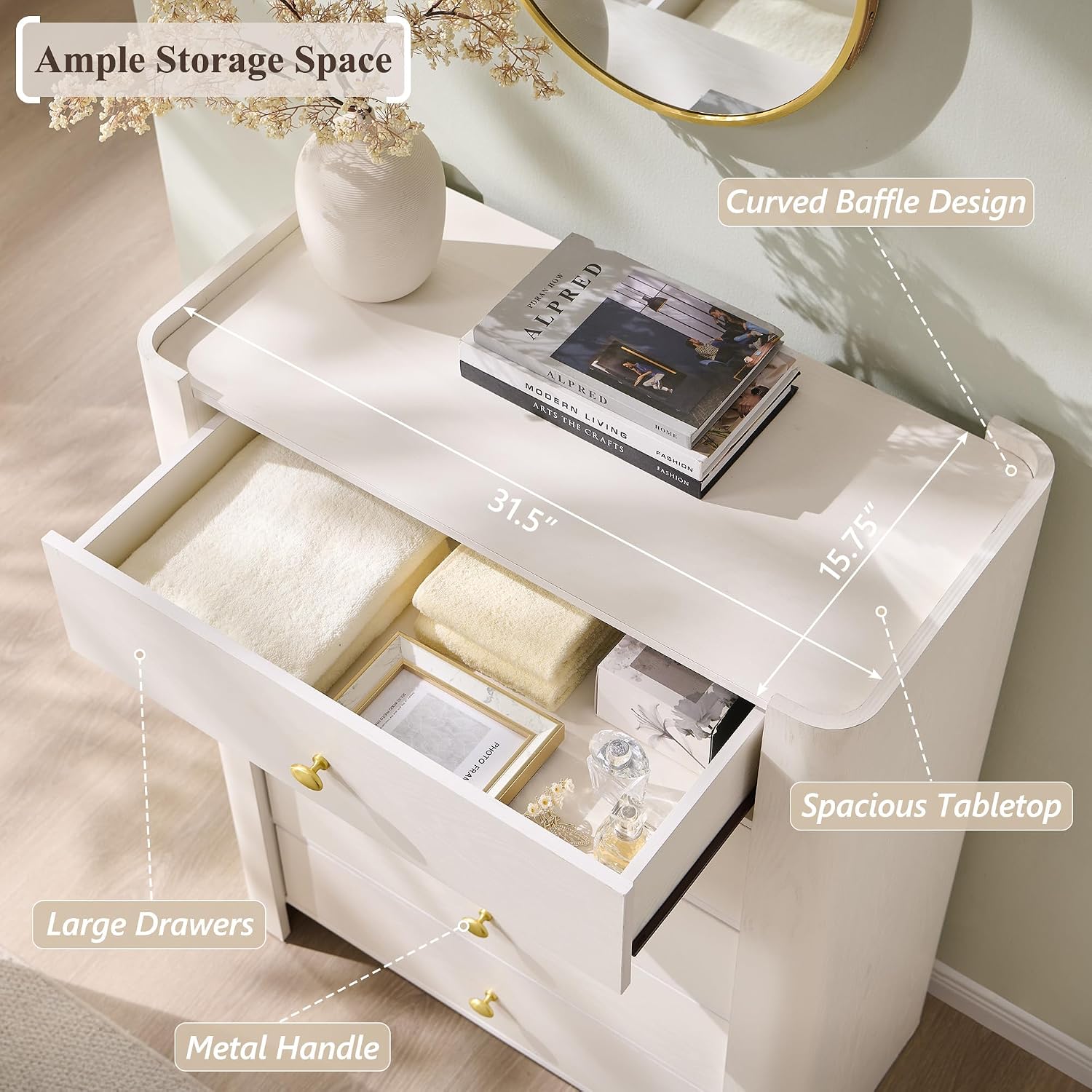IFGET Modern 5 Drawer Dresser for Bedroom, Wooden Chest of Drawers with Curved Profile Design, 39.6' Tall Wood Dresser with Golden Metal Handle for Bedroom, Living Room, Hallway-White