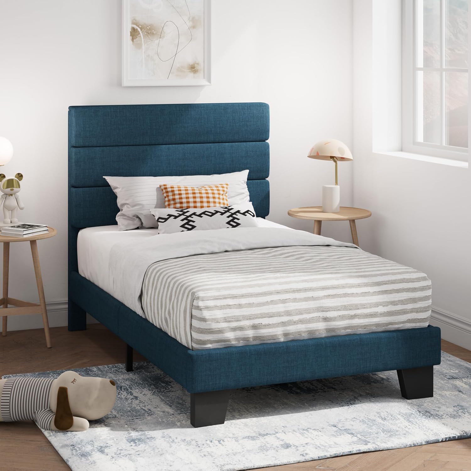 SHA CERLIN Twin Platform Bed Frame with Upholstered Fabric Headboard, Mattress Foundation with Strong Wooden Slats Support, No Box Spring Needed, Navy Blue