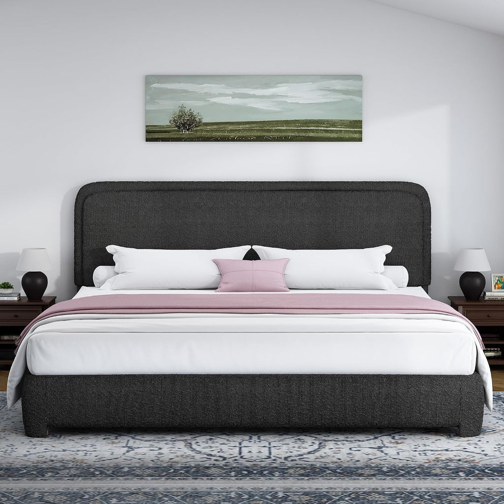 BarnFurin King Size Bed Frame with Headboard, Boucle Upholstered Platform Bed Frame, Soft Rounded Corners, No Box Spring Required, Easy Assembly, Black