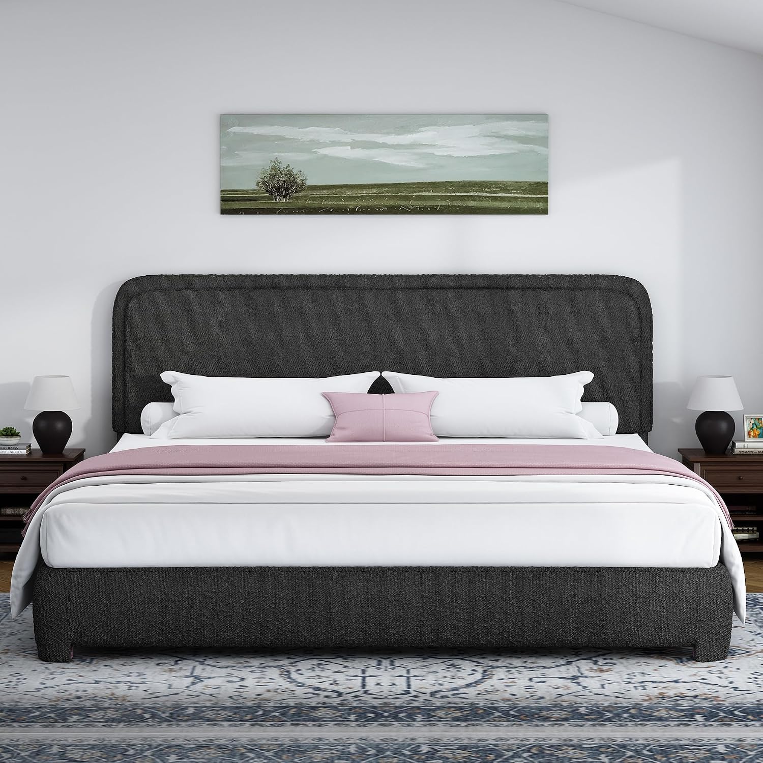 BarnFurin King Size Bed Frame with Headboard, Boucle Upholstered Platform Bed Frame, Soft Rounded Corners, No Box Spring Required, Easy Assembly, Black