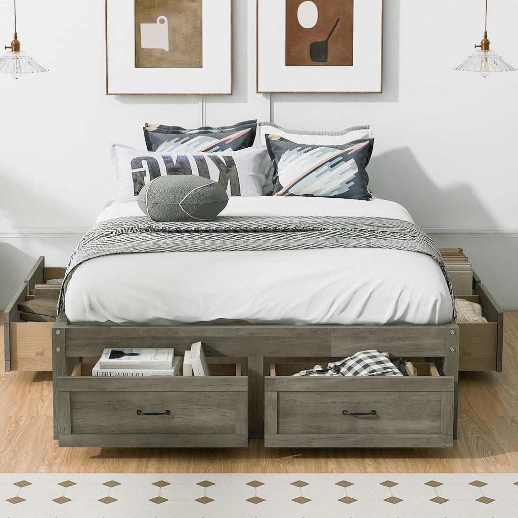 SOFTSEA Full Size Bed Frame with 6 Storage Drawers, Wood Platform Bed Frame No Headboard with Support Slats, Farmhosue Platform Bed with Drawers, No Box Spring Needed, Easy Assembly, Antique Gray