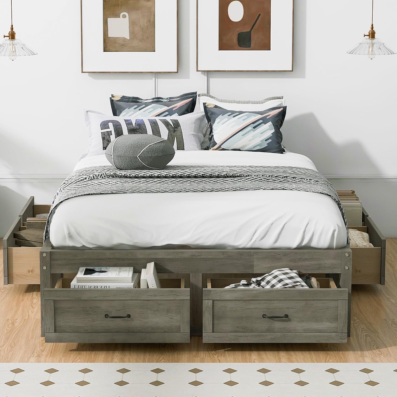 SOFTSEA Full Size Bed Frame with 6 Storage Drawers, Wood Platform Bed Frame No Headboard with Support Slats, Farmhosue Platform Bed with Drawers, No Box Spring Needed, Easy Assembly, Antique Gray