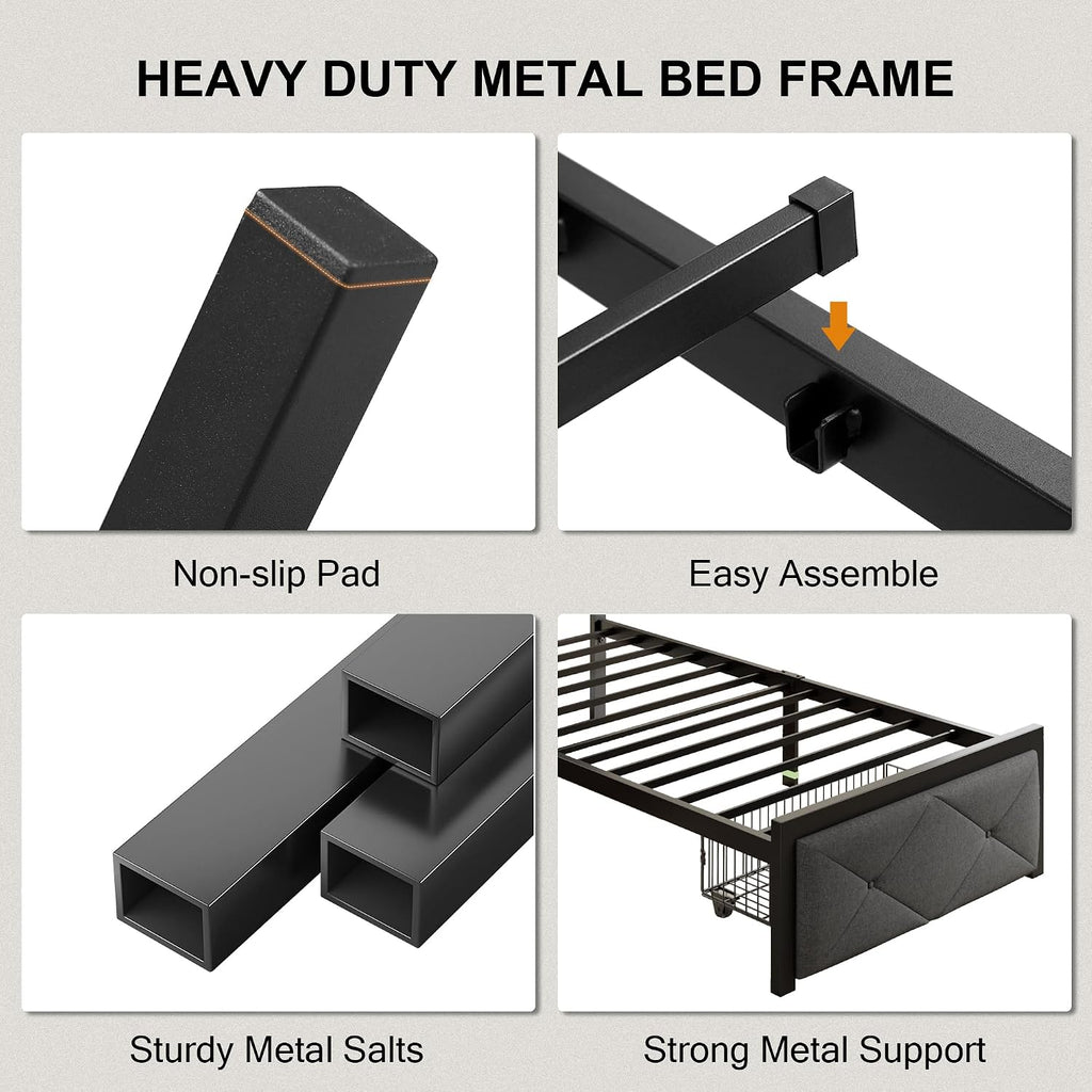 Einhomn Twin Bed Frame with Storage Drawer, Metal Platform Bed with Charging Station, Upholstered Button Tufted Storage Headboard, No Box Spring Needed, Noise-Free, Easy Assembly, Grey