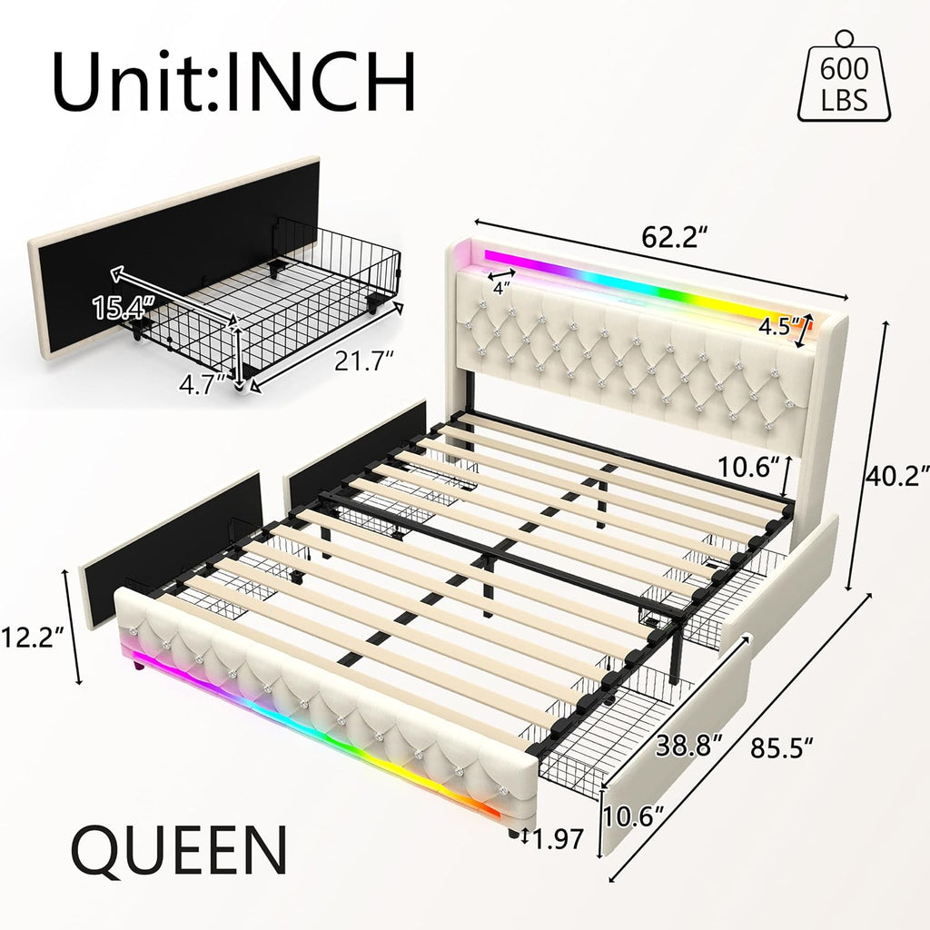 Juego 5-in-1 LED Light Queen Bed Frame with Bluetooth Speakers,Upholstered Platform Bed with USB & Type-C Charging Station,4 Drawers Storage and Wooden Slats Support,Velvet Bed with Headboard,Beige