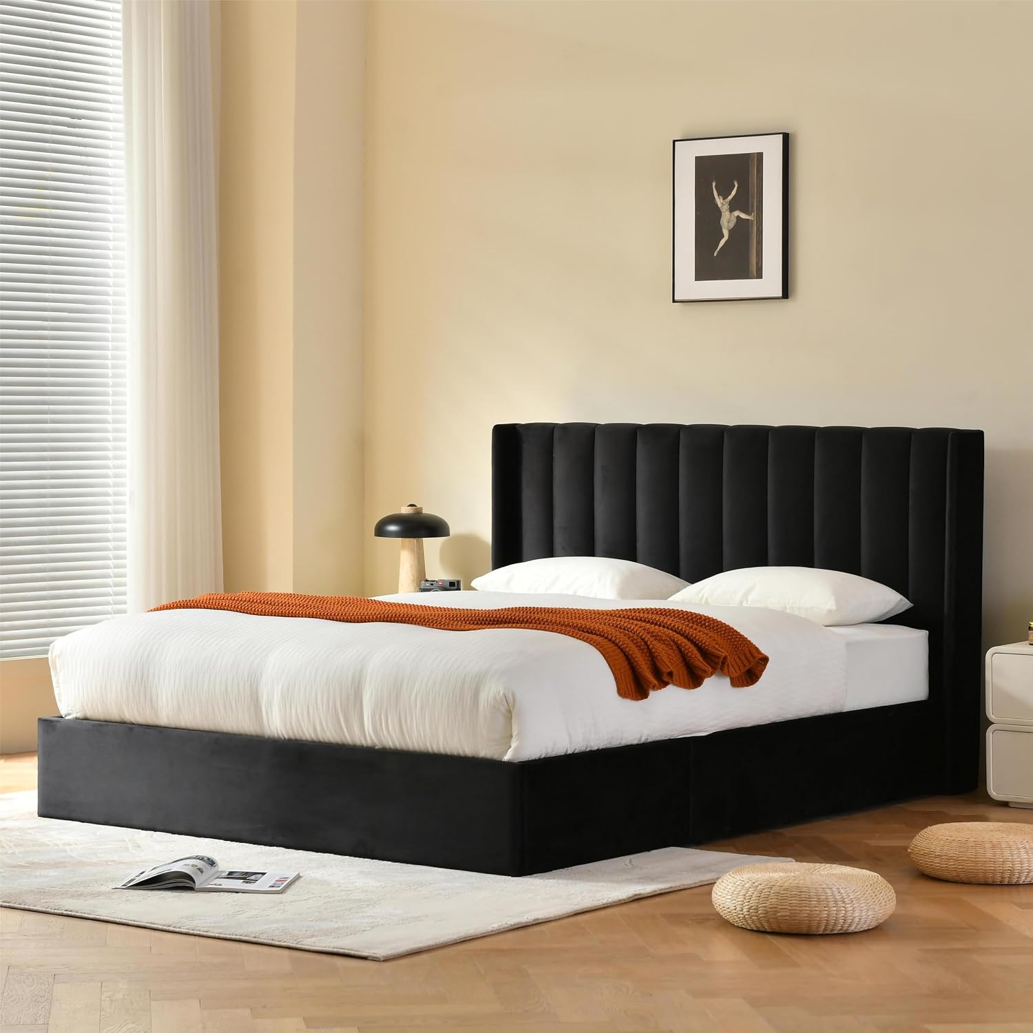 YUHUASHI Queen Size Hydraulic Storage Bed, Upholstered Platform Bed Frame, Modern Wingback Design Headboard, Velvet Fabric with Hydraulic Support Bars, No Box Spring Required (Black, Queen)