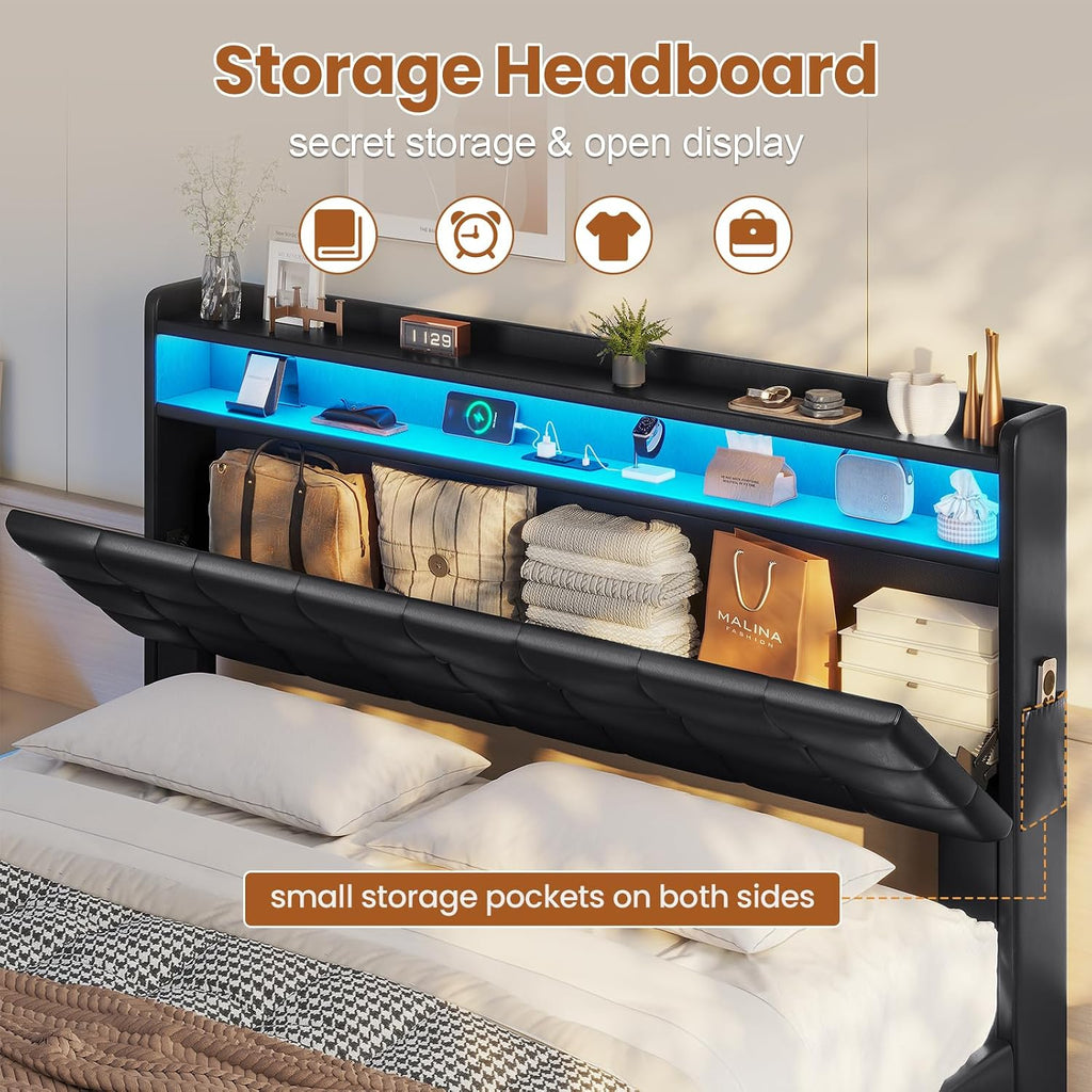 ADORNEVE Lift Up Storage Full Size Bed Frame with Type-C Charging Station& Hidden Storage Headboard, LED Lights Upholstered Platform Bed,Full Bed with Hydraulic, No Box Spring Needed,Black
