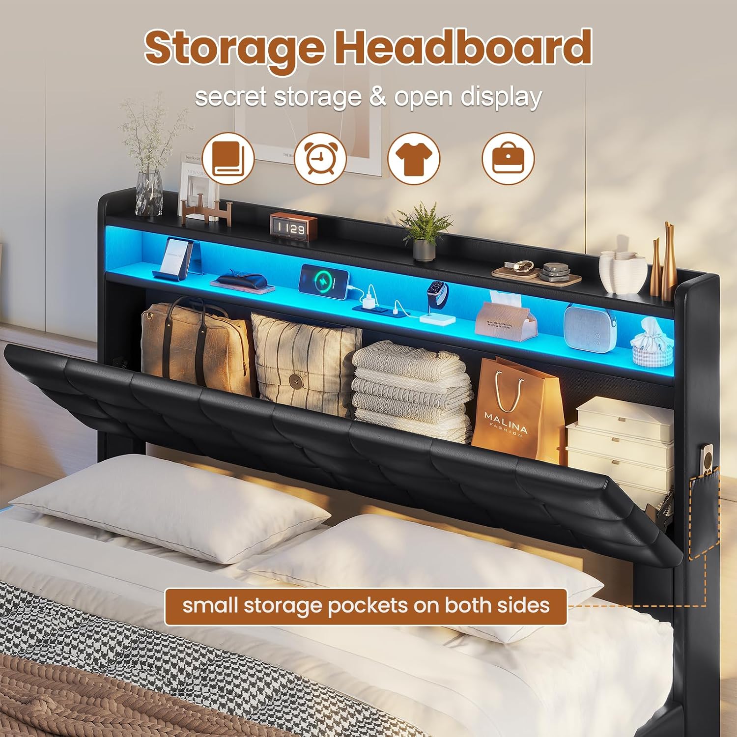 ADORNEVE Lift Up Storage Full Size Bed Frame with Type-C Charging Station& Hidden Storage Headboard, LED Lights Upholstered Platform Bed,Full Bed with Hydraulic, No Box Spring Needed,Black