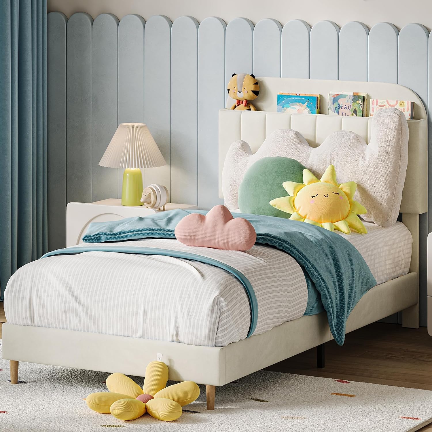 IDEALHOUSE Twin XL Bed Frames, Upholstered Platform Bed Frame with Bookcase Headboard, Velvet Platform Bed Mattress Foundation, Heavy Duty Steel Support Legs, Easy Assembly, Noise Free, Cream White