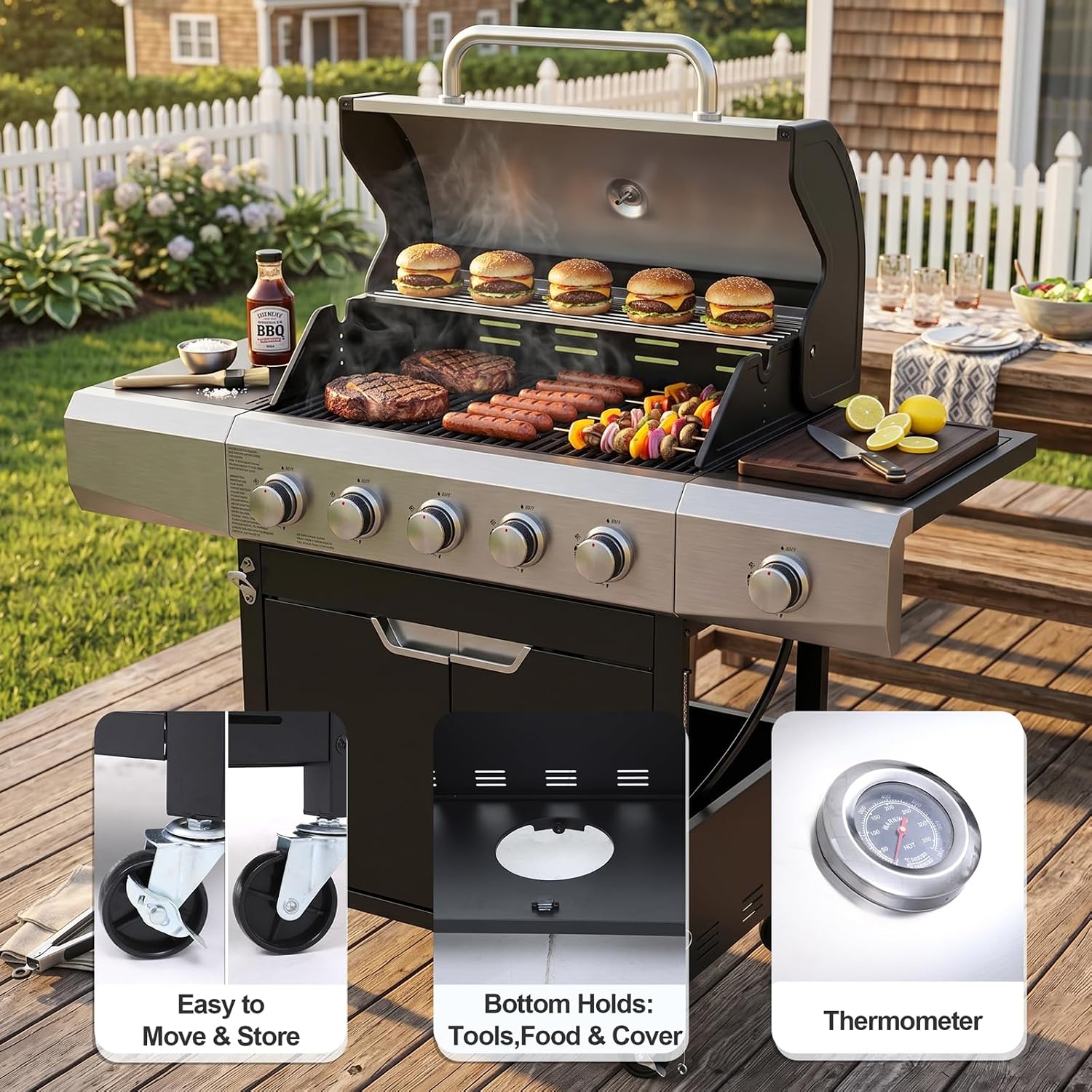 Endark Upgraded 58,500 BTU 5-Burner Stainless Steel Propane Gas Grill – Outdoor BBQ Grill with Side Burner & Porcelain Grates, Barbecue Grill Wheeled for Patio, Garden, Backyard