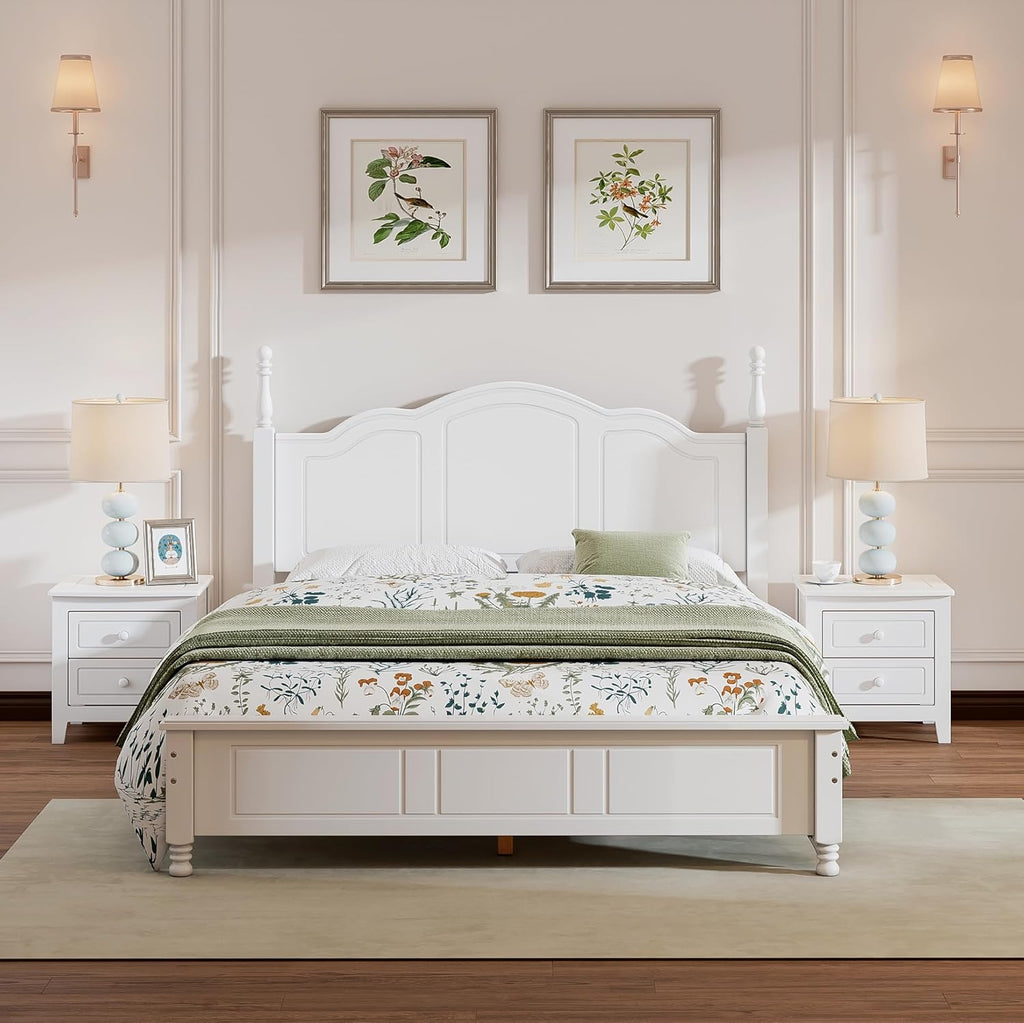 Retro Design 3-Pieces Bedroom Sets, Queen Size Wood Platform Bed and 2 Nightstands with 2 Drawers and Sturdy Slats Support for Apartment Bedroom (Queen, White)