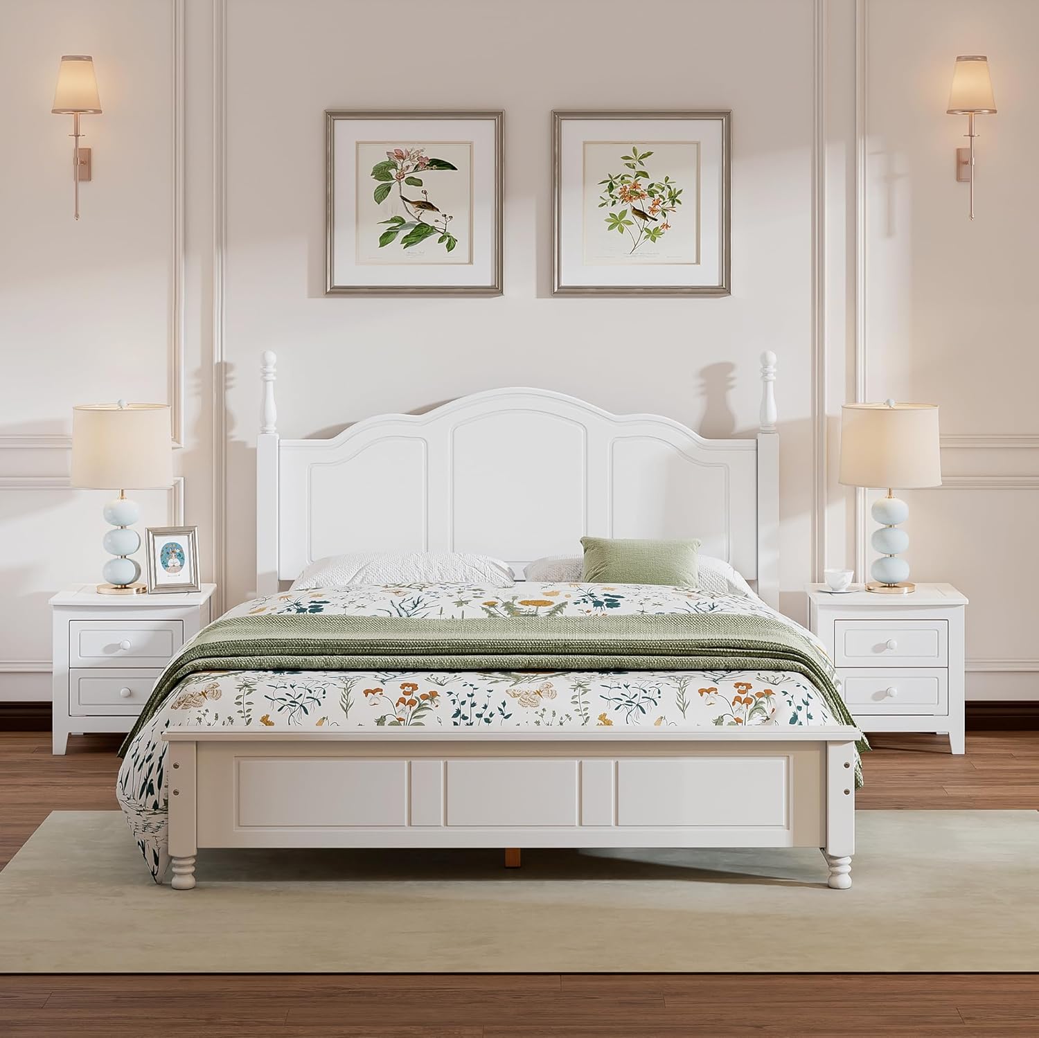 Retro Design 3-Pieces Bedroom Sets, Queen Size Wood Platform Bed and 2 Nightstands with 2 Drawers and Sturdy Slats Support for Apartment Bedroom (Queen, White)