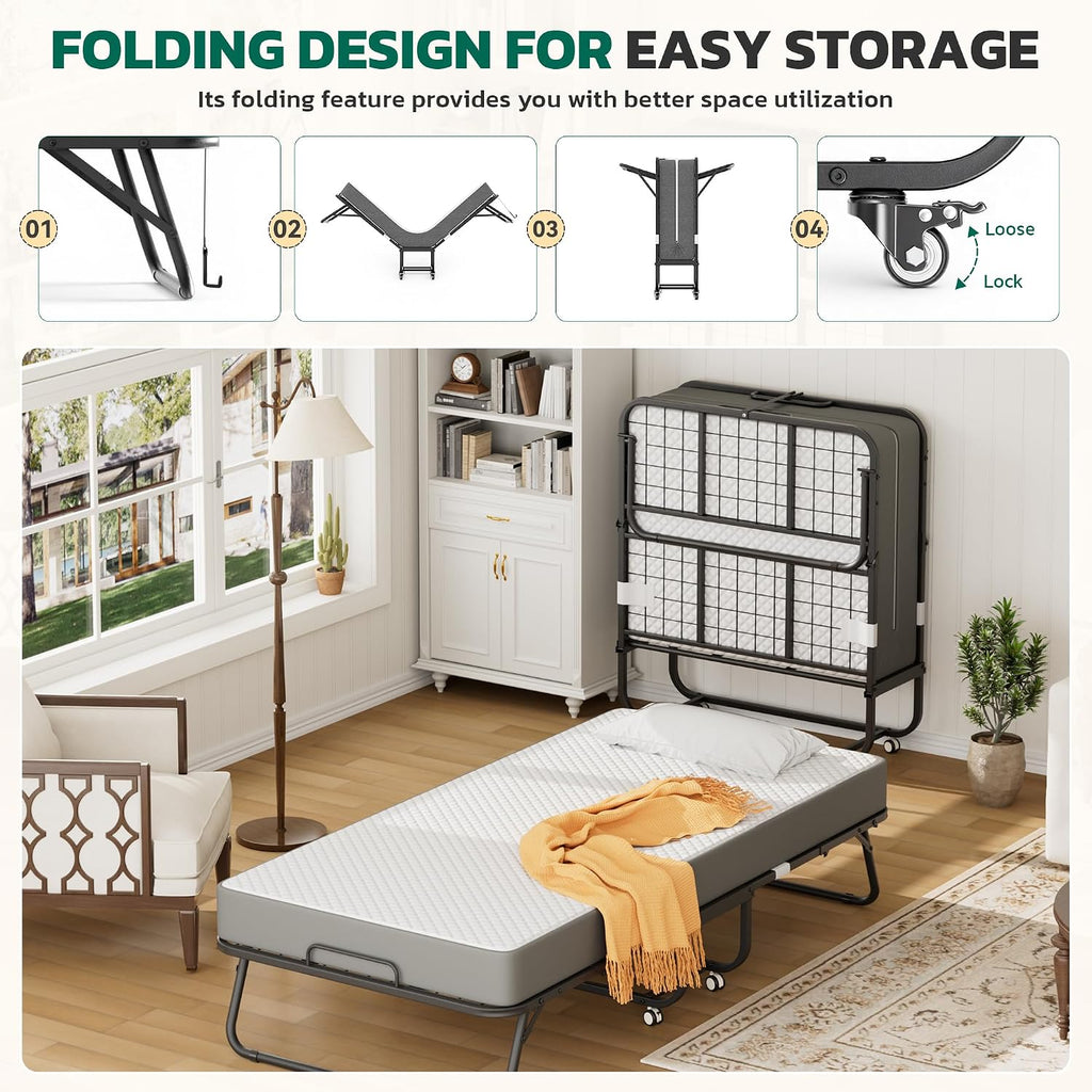 Greenvelly Folding Bed with 5 Inch Mattress, 75' x 38' Portable Rollaway Bed with Memory Mattress and Metal Frame for Adults,Guest, Twin Size,Cot Size