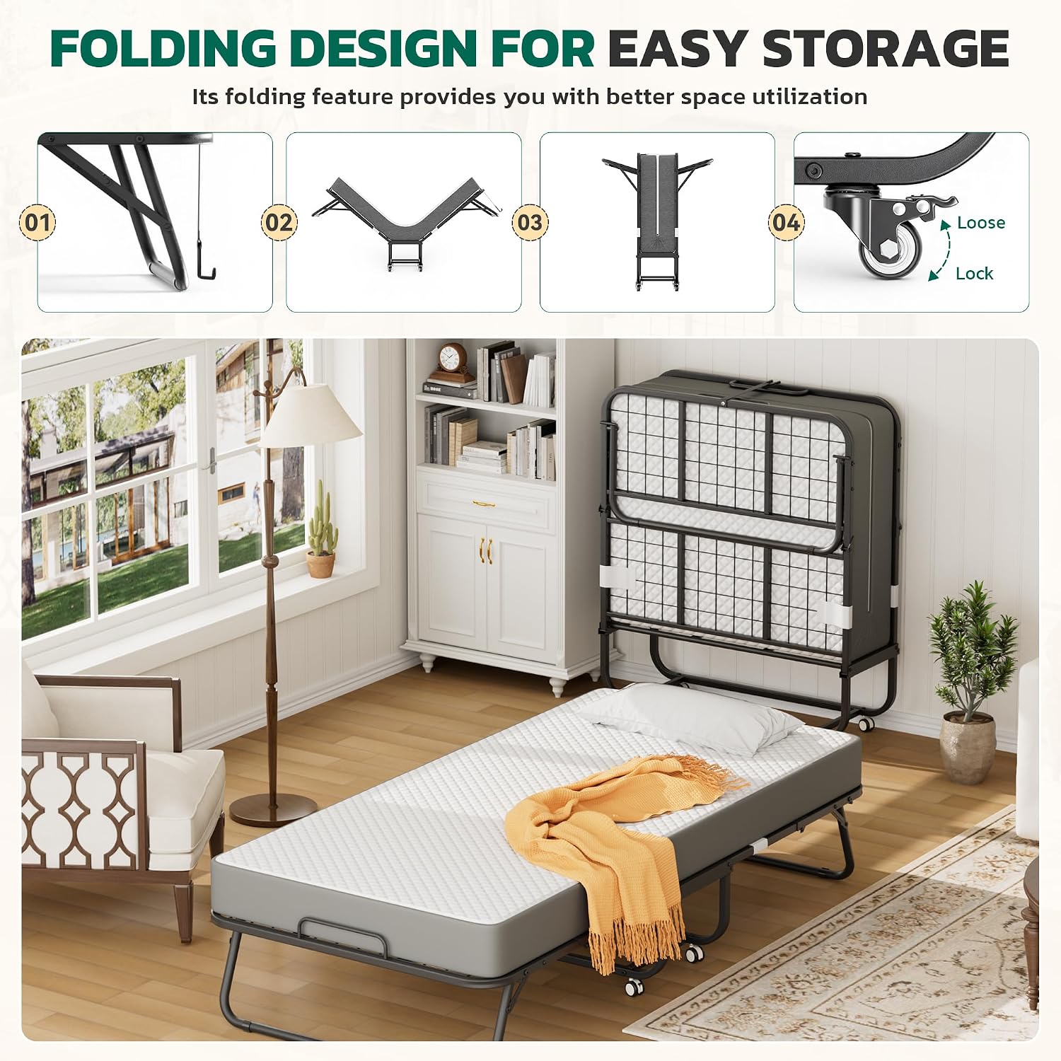 Greenvelly Folding Bed with 5 Inch Mattress, 75' x 38' Portable Rollaway Bed with Memory Mattress and Metal Frame for Adults,Guest, Twin Size,Cot Size