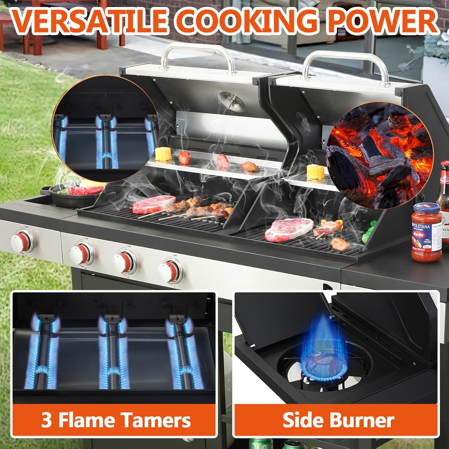 Gas and Charcoal Grill Combo, 3 Burner Gas Grill with Side Burner & Enameled Cast Iron Cooking Grids, 37230 Btu Stainless Steel Burner Barbecue Grills for Patio, Camping, 504 SQIN Cook Area