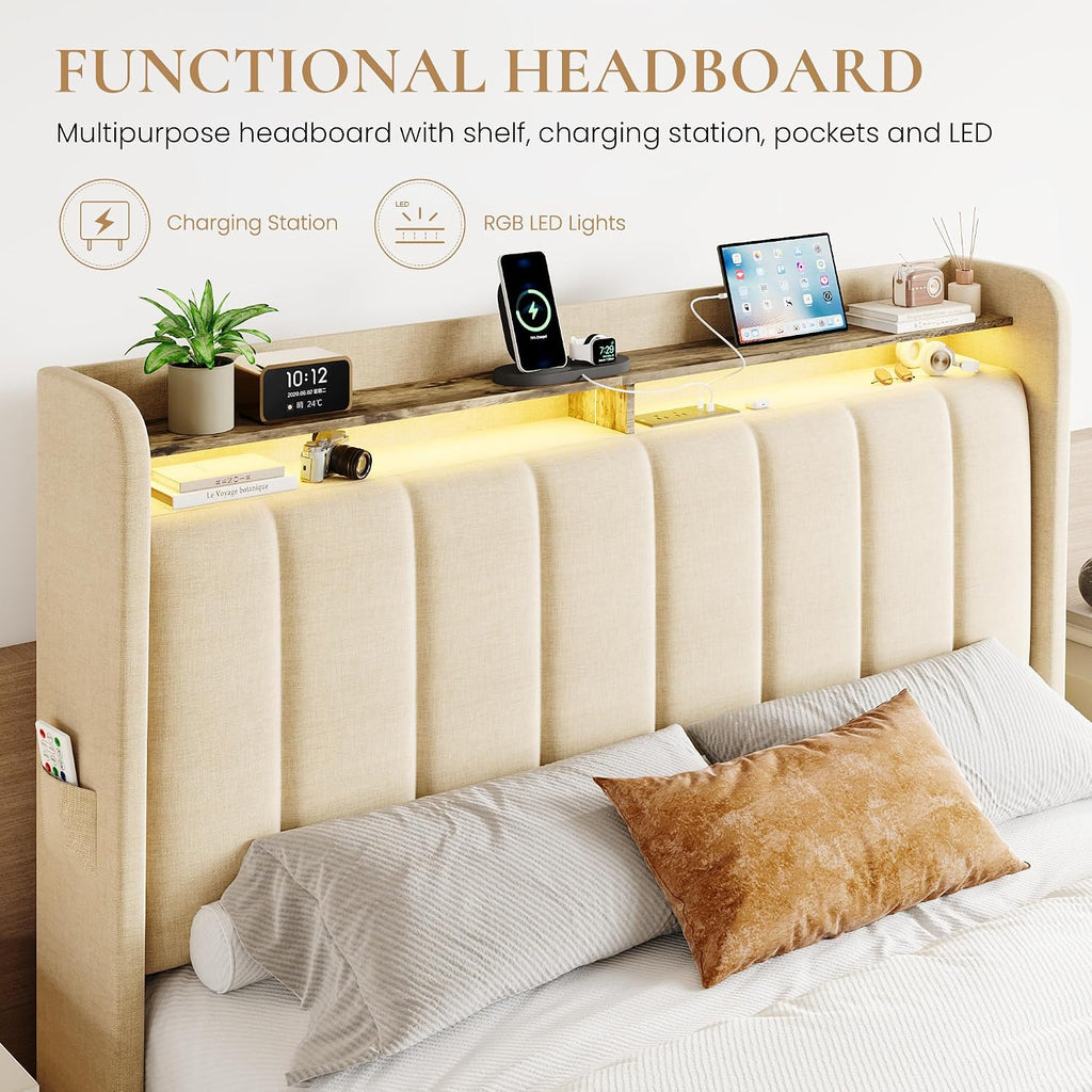 SHA CERLIN Full Size Platform Bed Frame with Vertical Channel Tufted Wingback Headboard & 2 Storage Drawers/2-Tier Shelves with LED Lights & Charging Station/Noise-Free/No Box Spring Needed/Beige