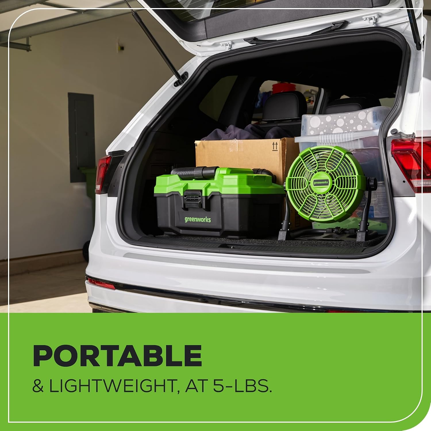 Greenworks 24V 10' (5-Speed) Fan (500 CFM), Hybrid (AC / DC), 2.0 Ah USB (Power Bank) Battery and Charger Included