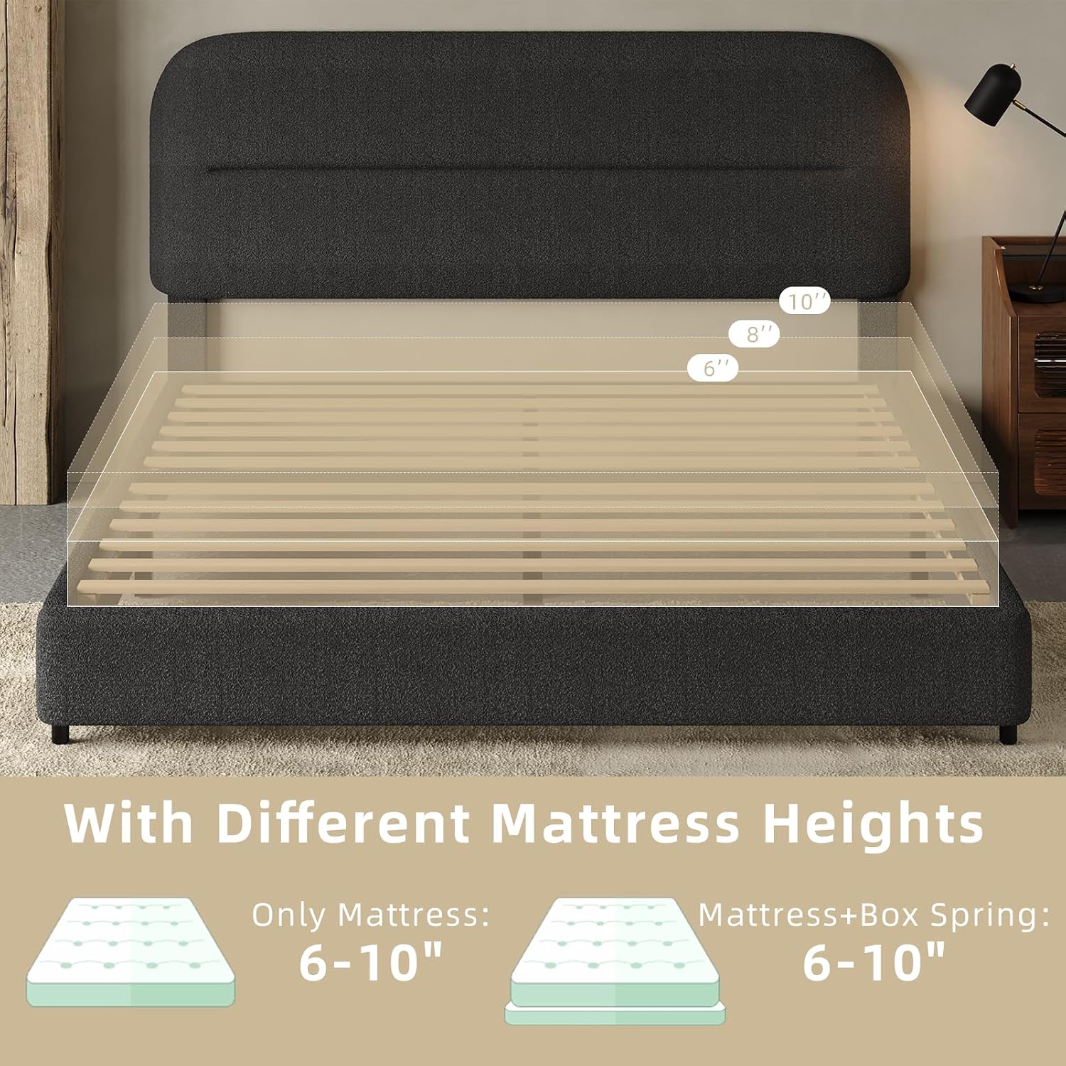 HOMBCK Twin Bed Frames with Headboard, Twin Size Boucle Upholstered Bed Frame for Kids, Soft Rounded Corners, Wooden Slats Support, No Box Spring Required, Easy Assembly, Black