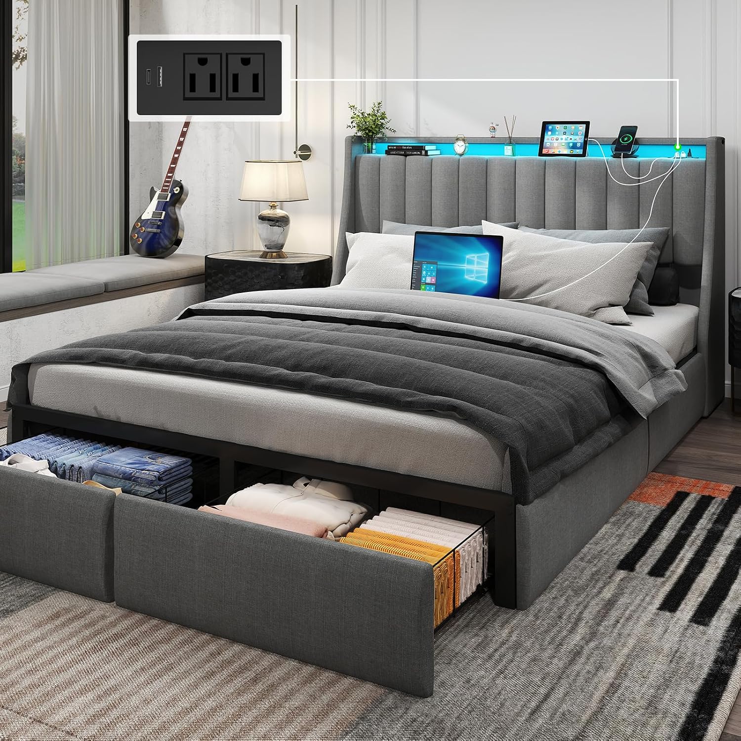 Queen Bed Frame with 2 Storage Drawers, Platform Bed Frame Queen Size with LED Light, Upholstered Headboard, Charging Station, Steel Slat Support, No Box Spring Needed, Noise-Free, Easy Assembly, Gray