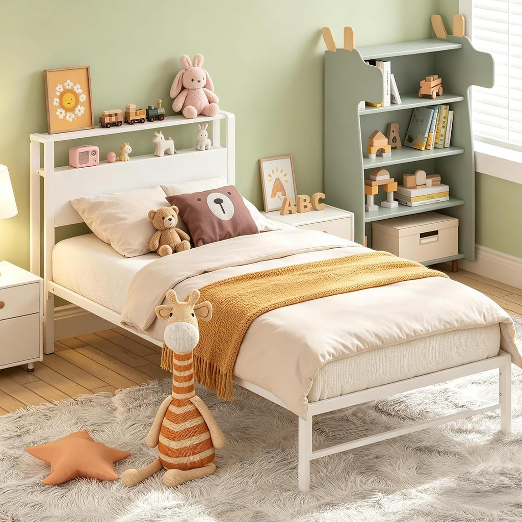 Weehom Twin Bed Frames for Kids, Twin Size Bed with 2 Tiers Wood Shelves Headboard No Box Spring Needed Easy Assembly Heavy Duty Metal Plaform, White