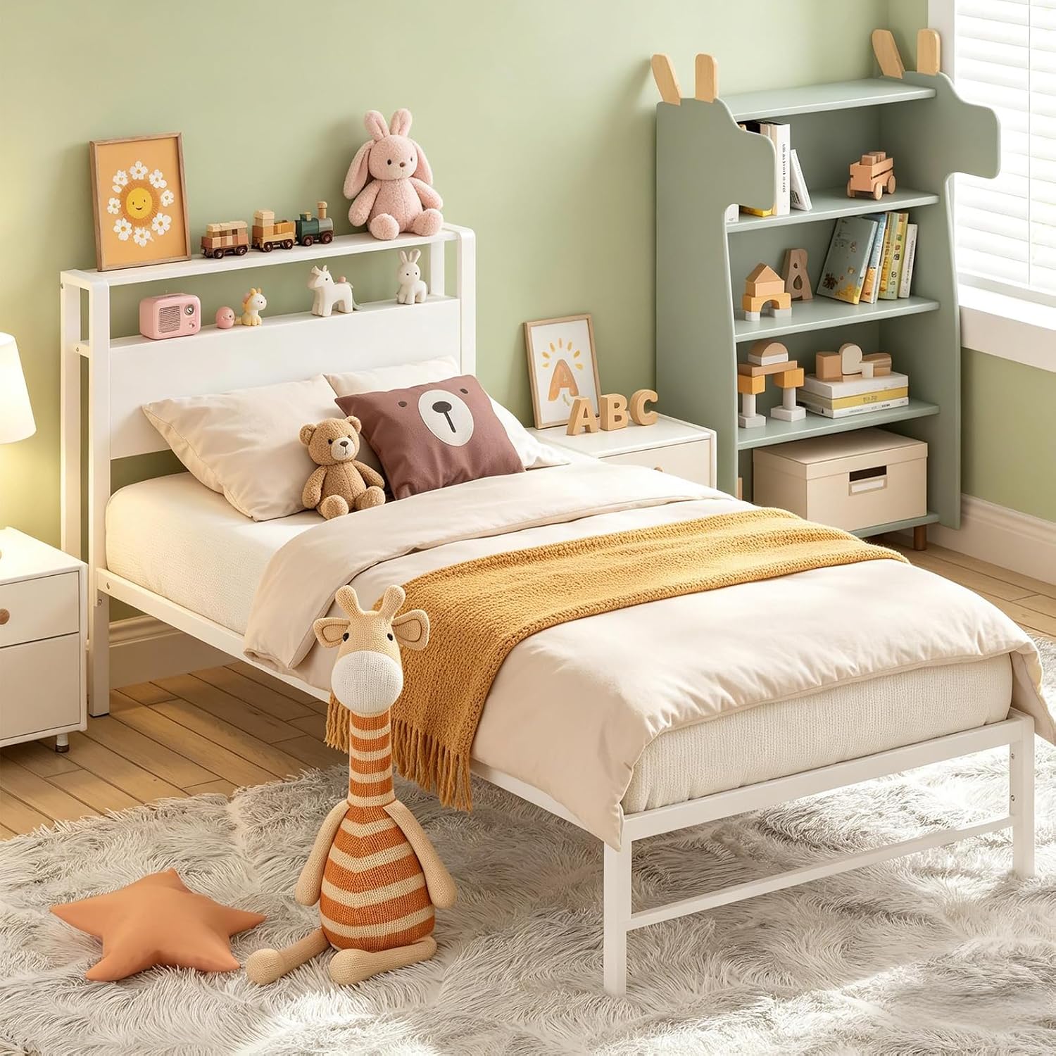 Weehom Twin Bed Frames for Kids, Twin Size Bed with 2 Tiers Wood Shelves Headboard No Box Spring Needed Easy Assembly Heavy Duty Metal Plaform, White