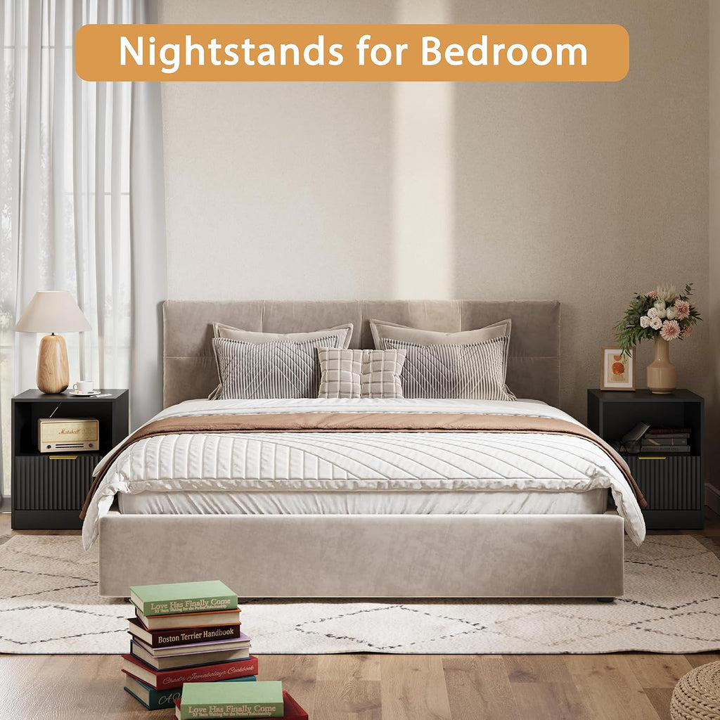 3-Piece Modern Bedroom Furniture Set, Wide 6-Drawer Dresser & 1-Drawer Nightstands Set of 2, Natural Wood Dresser and Nightstand Sets for Bedroom, Hallway, Black