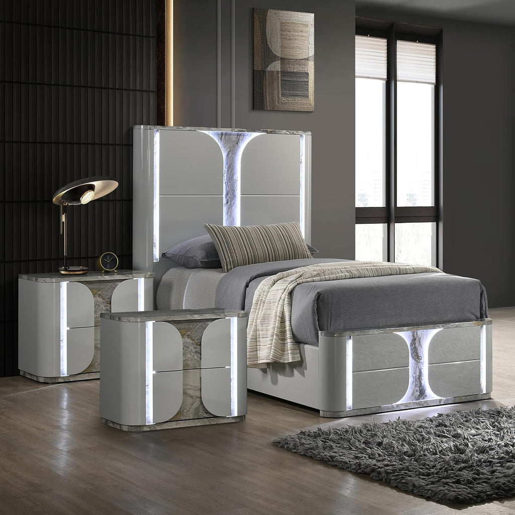 Furniture of America Bruna Modern Wood 3-Piece Bedroom Set with Touch-Control LED Bed, Felt-Lined Top Drawer and LED on Nightstands, No Box Spring Needed for Bedroom, Guest Room, Twin, Light Gray