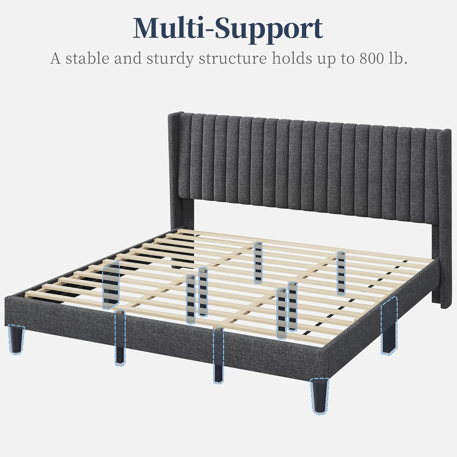 Yaheetech King Bed Frame Upholstered Platform Bed with Fabric Headboard, Wing Edge Design/Non-Slip and Noise-Free/Wooden Slats Support/No Box Spring Needed/Easy Assembly, Dark Gray King Bed