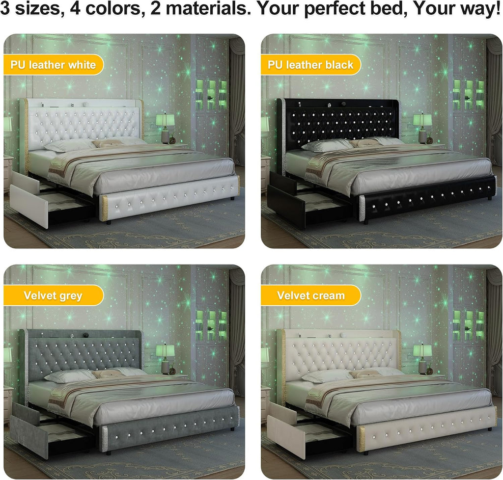 GEGOFORU Full Wingback Modern Platform Bed with Galaxy Projector, 4 Dust-Proof Storage Drawers, LED Bed Frame, USB Ports, No Box Spring Needed & Noise-Reduction Sturdy Wood Slats, Velvet Cream