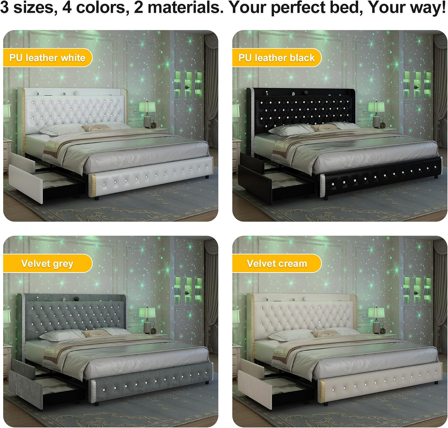 GEGOFORU Full Wingback Modern Platform Bed with Galaxy Projector, 4 Dust-Proof Storage Drawers, LED Bed Frame, USB Ports, No Box Spring Needed & Noise-Reduction Sturdy Wood Slats, Velvet Cream