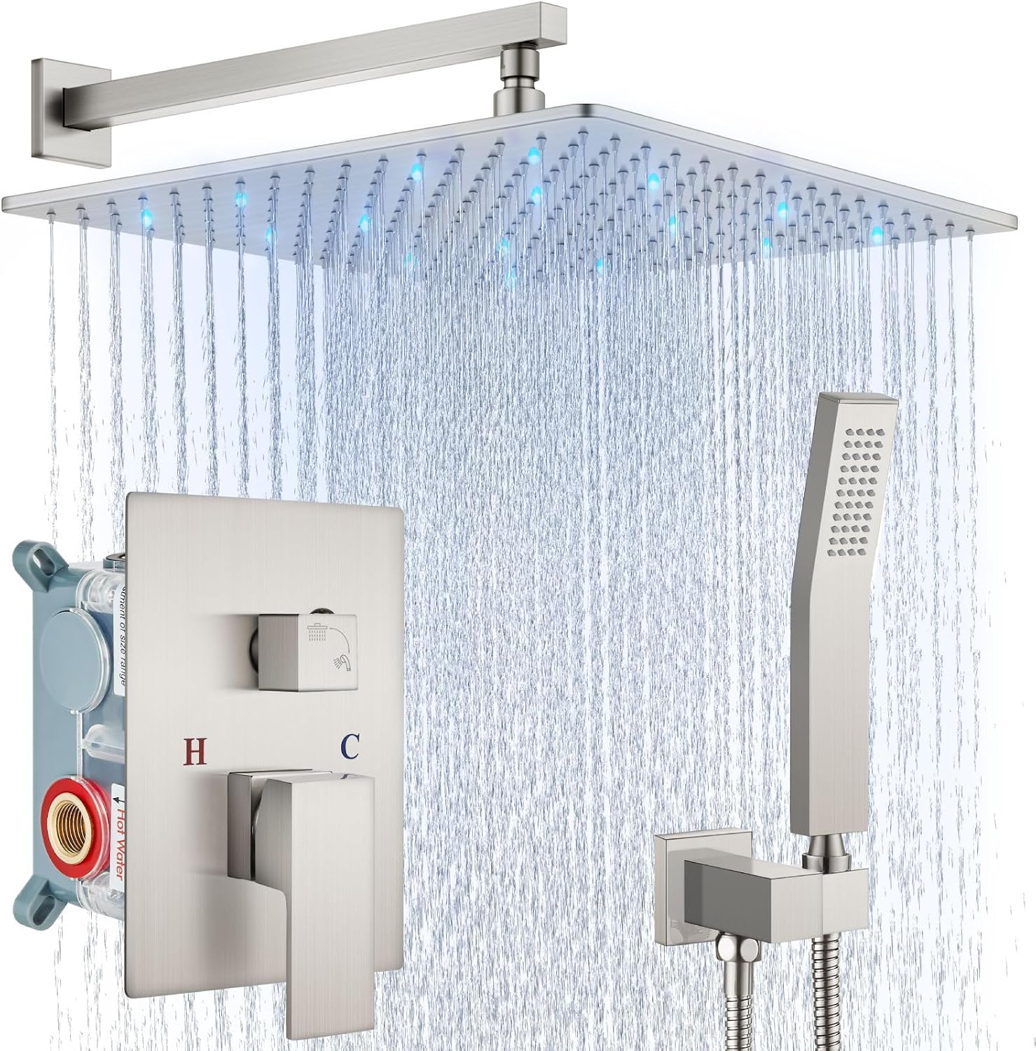 Aolemi Shower Faucet Set with Handheld Spray High Pressure Shower System Shower Faucets Sets Complete Rough-in Valve and Shower Trim Kit Wall Mount Rainfall 16 Inch LED Shower Head Brushed Nickel
