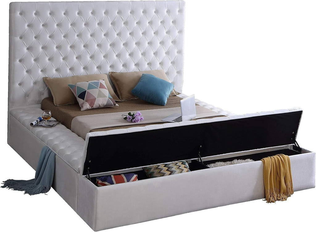 Meridian Furniture Bliss Collection Modern | Contemporary Velvet Upholstered Bed with Deep Button Tufting and Storage Compartments in Rails and Footboard, White, King