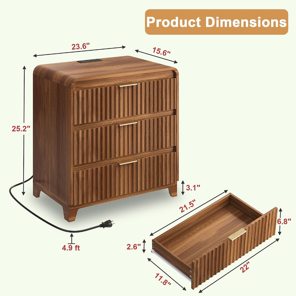 8 Drawer Dresser and 2 Nightstand Sets for Bedroom 3 Pcs Bedroom Set, Modern 39.4' Fluted Dresser with Invisible Handles Nightstand Charging Station, Bedroom Furniture Set for Living Room, Natural Oak