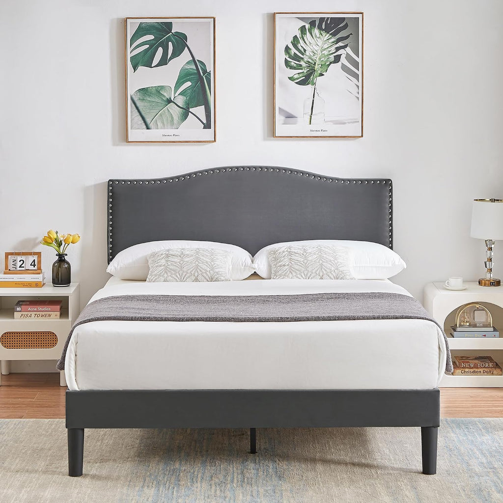 VECELO Full Bed Frame Platform Bed Frame with Upholstered Headboard, Strong Frame and Wooden Slats Support, Strong Weight Capacity, Non-Slip and Noise-Free, Easy Assembly,Dark Grey