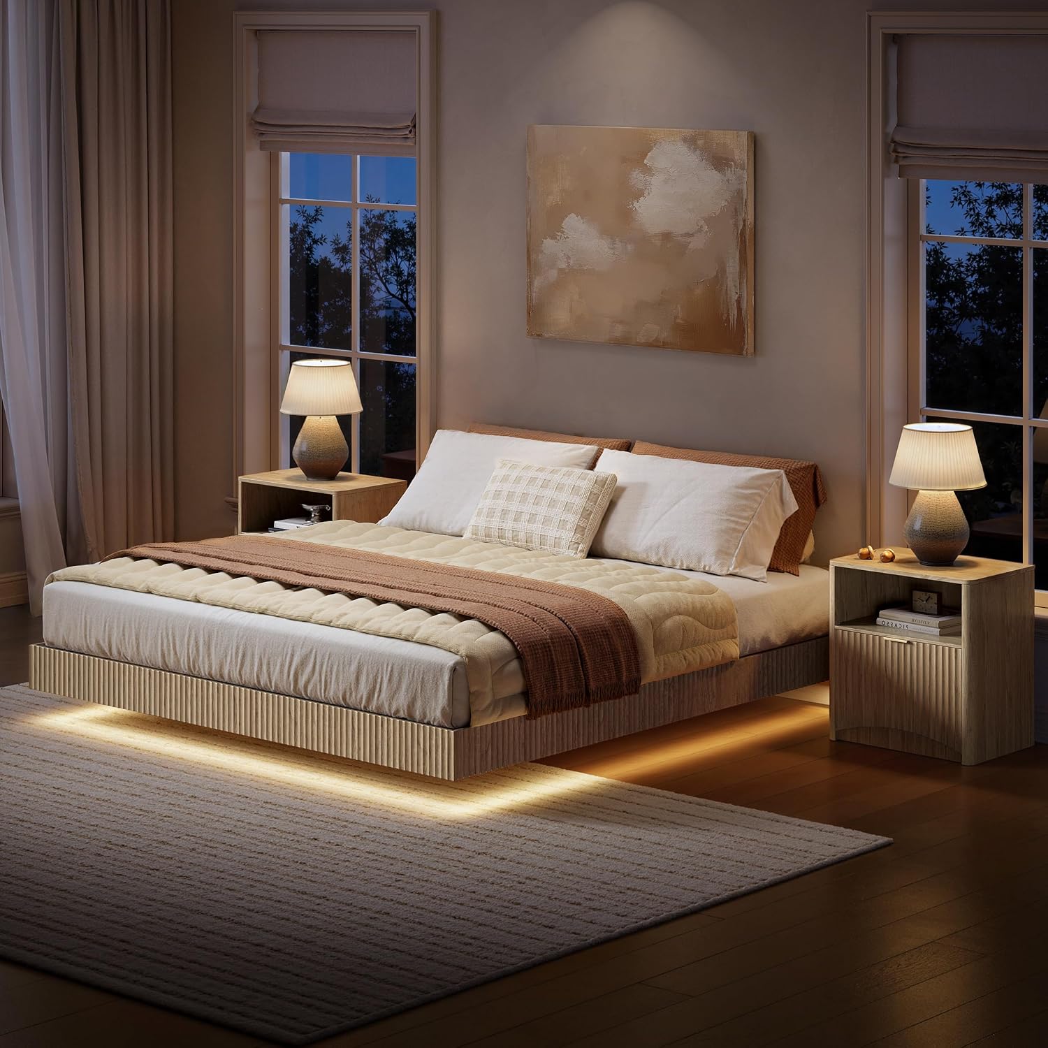 Evermagin Bedroom Furniture Set-Bed with 2 Nightstands, Mid Century Modern Bedroom Set, Floating Bed Frame Led Lights, Fluted Floating Room Furnitures, 3-Piece Room Set (Nbh, King)