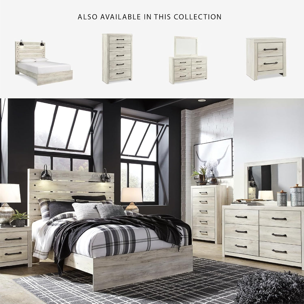 Signature Design by Ashley Cambeck Farmhouse Queen Panel Bed with LED Sconce Lights and USB Charging Ports, Open Slat Styling, Foundation or Box Spring Needed, Wood, Whitewash Finish