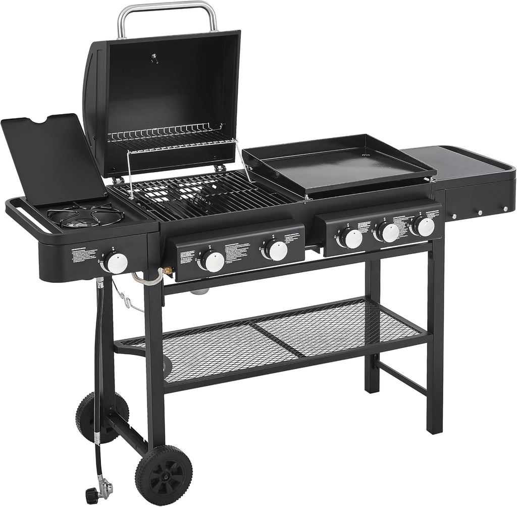 Propane Gas Grill with Griddle Combo, 745 Sq.In Cooking Space, 5 Burners 56000 BTU BBQ Grill with Side Burner, Heavy-Duty Outdoor Grill for Backyard & Patio Cooking
