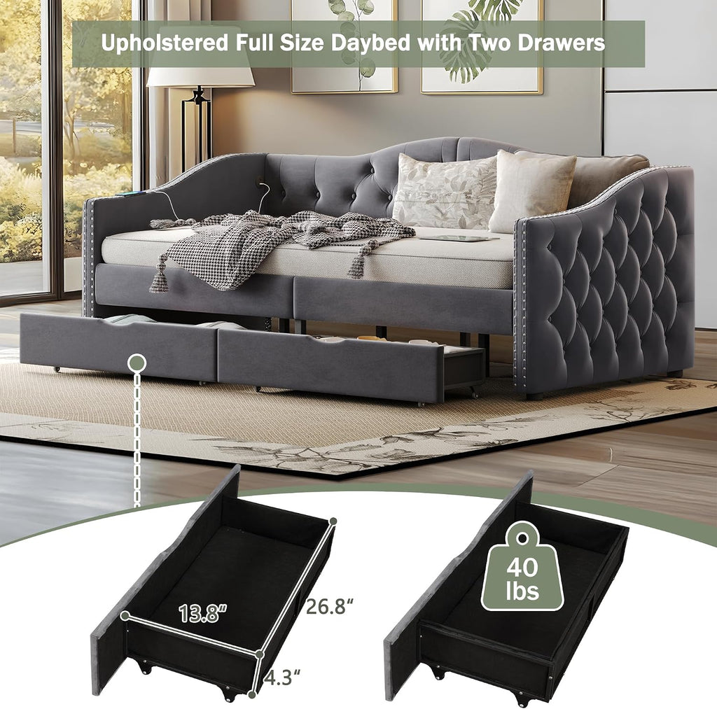 Full Size Daybed with Storage Drawers, Upholstered Daybed with 2 USB Ports, Sturdy Wood Frame,Day Bed for Bedroom
