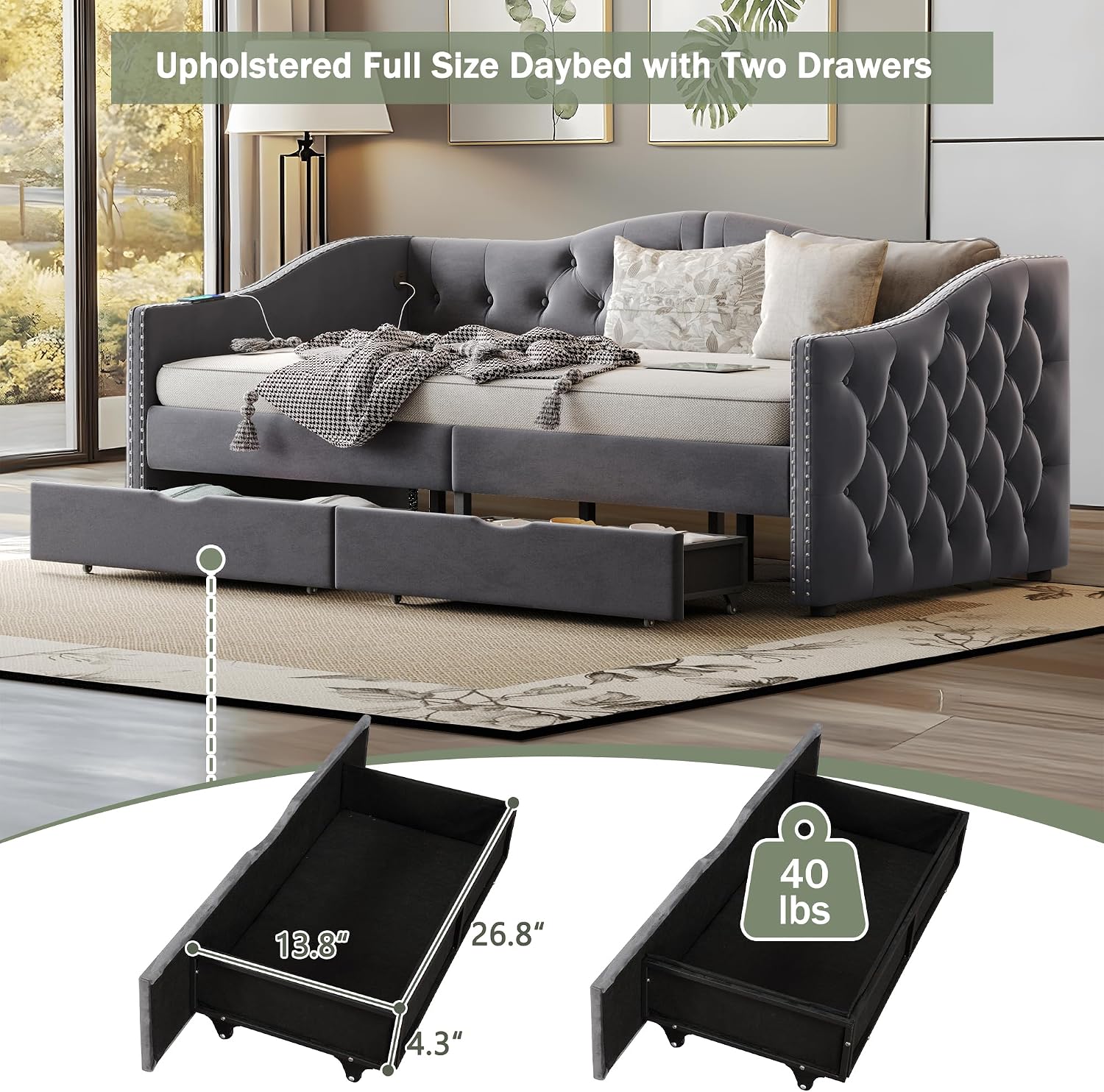 Full Size Daybed with Storage Drawers, Upholstered Daybed with 2 USB Ports, Sturdy Wood Frame,Day Bed for Bedroom