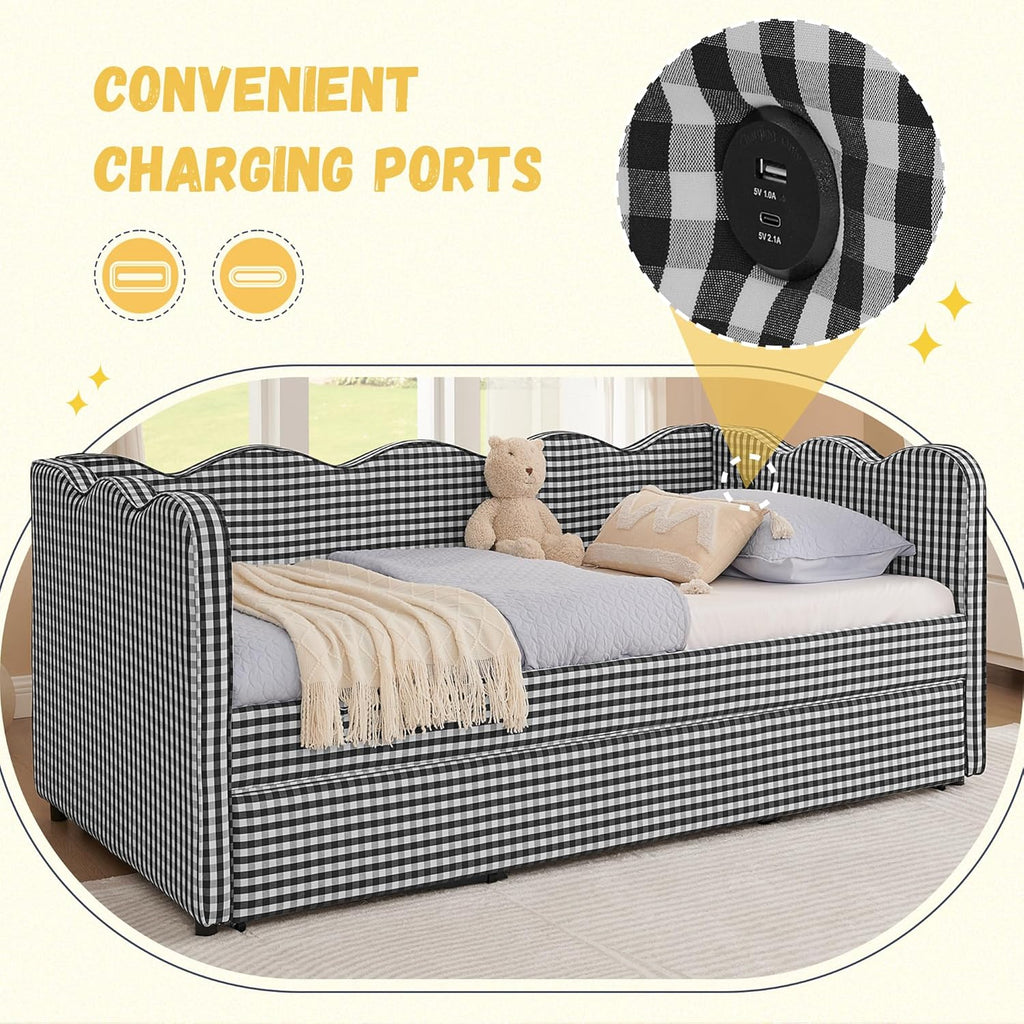 DEINPPA Twin Size Upholstered Daybed with Trundle, Gingham Daybed with USB Ports for Bedroom Living Room Guest Room-Black