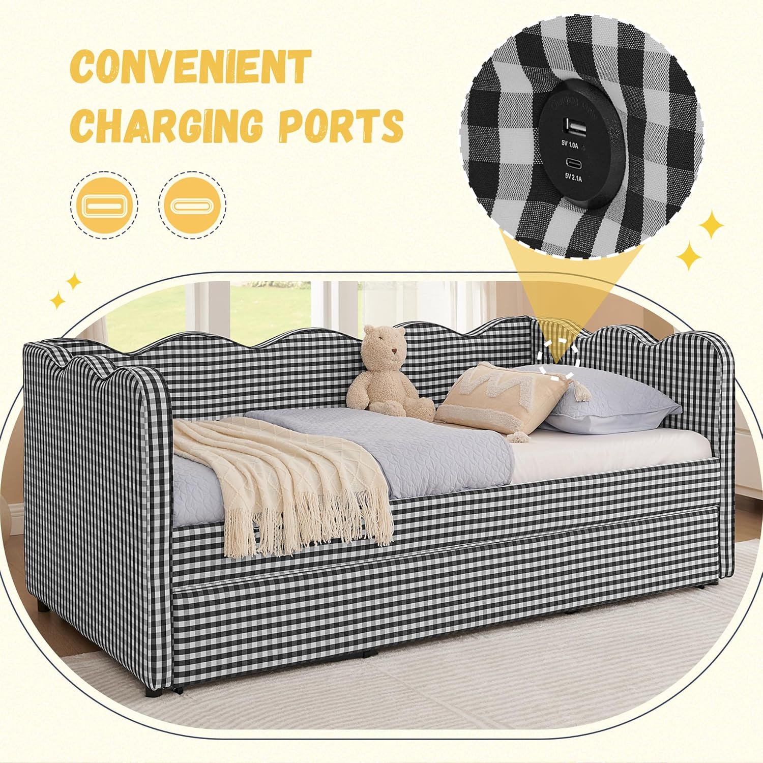 DEINPPA Twin Size Upholstered Daybed with Trundle, Gingham Daybed with USB Ports for Bedroom Living Room Guest Room-Black