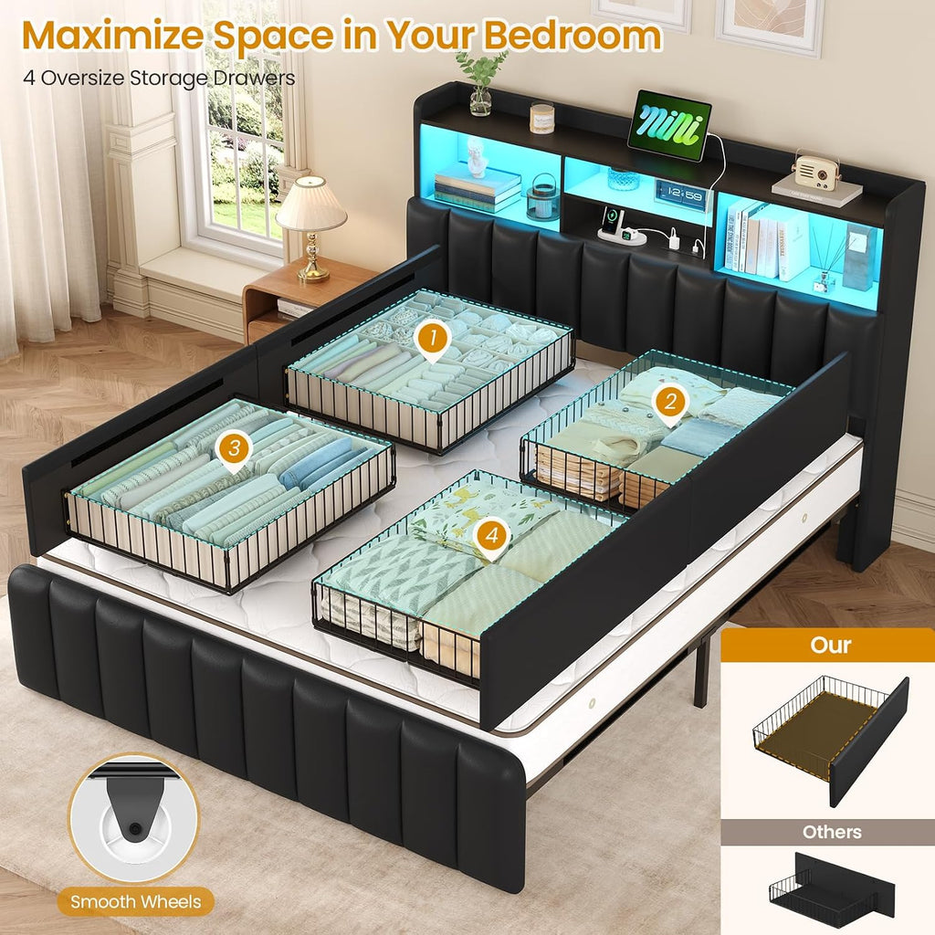 DICTAC Full Size Bed Frame with Bookcase Headboard, Upholstered Bed with Storage and 4 Oversized Drawers, LED Lights and Charging Station, Strong Metal Slats, No Box Spring Needed, Noise Free, Black