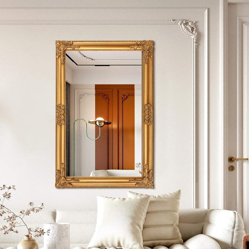 TRAHOME 24'x36' Vintage Gold Baroque Wall Mirror, Ornate Antique Style Decorative Mirror for Entryway, Living Room, Fireplace Mantel, Hallway
